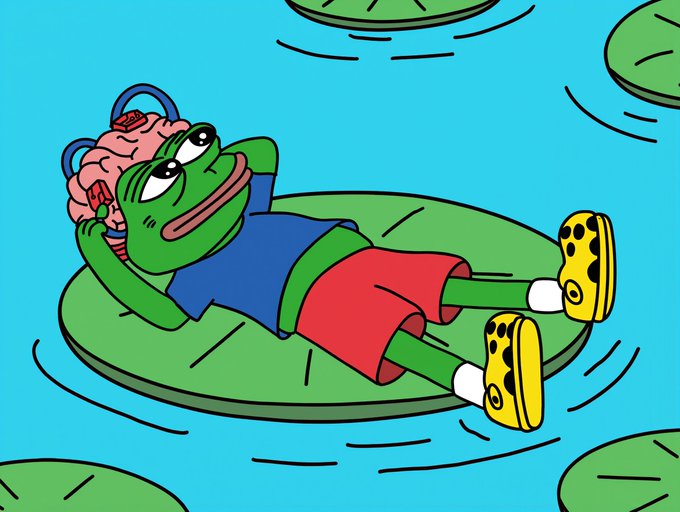 A cartoon Pepe the Frog wearing sunglasses relaxes on a lily pad, with a visible brain exposed, fitting the post's theme of PEPU's strategic "brainstorming" and roadmap development.
