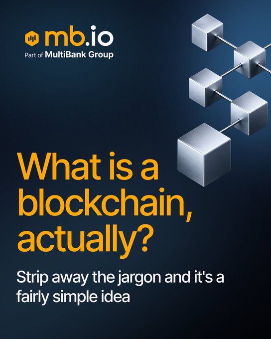 An informational graphic from mb.io (part of MultiBank Group) titled "What is a blockchain, actually?" with the subtitle "Strip away the jargon and it's a fairly simple idea," accompanied by an illustration of connected metallic cubes representing blocks.