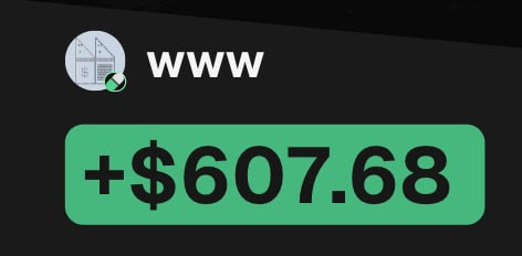 **Image 9:** A screenshot showing a profit of $607.68 for the ticker "WWW" on a dark background.
