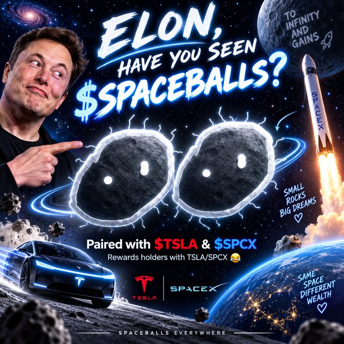 The meme shows Elon Musk pointing at two glowing “spaceballs” in space, with text reading “ELON, HAVE YOU SEEN $SPACEBALLS?” and “Paired with $TSLA & $SPCX — Rewards holders with TSLA/SPCX 😂.” It includes Tesla and SpaceX imagery and labels, directly promoting the $SPACEBALLS memecoin’s claimed rewards.