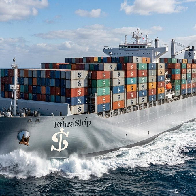 An AI-generated image depicts a massive cargo ship labeled "ĒthraShip" sailing on the ocean, loaded with shipping containers, many of which are marked with dollar signs ($).