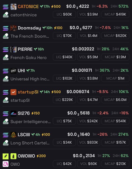 A cryptocurrency tracker screen showing meme tokens including CATONICE ($0.00034222), Doomsday ($0.00036277), PIERRE ($0.002022), UHI ($0.001071), startupSI ($0.006074), SI276 ($0.00036168), LSCW ($0.000361640), and OWOWO ($0.000362134) with various 1H and 24H percentage changes and market cap values.