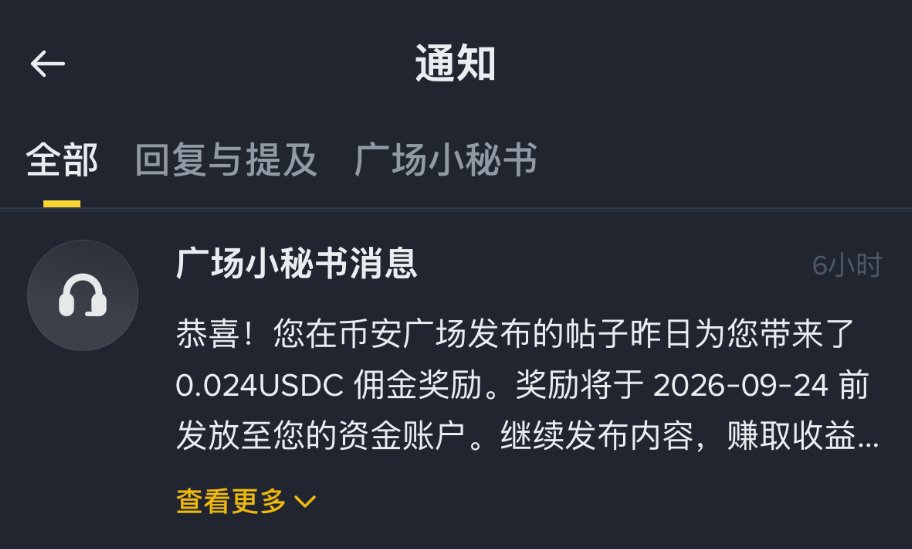 A notification from 广场小秘书 (Square Assistant) informs them that their post on 市安广场 (Binance Square) earned a 0.024 USDC commission reward, which will be deposited to their funding account by 2026-09-24, confirming the Binance Square payout mentioned in the post.