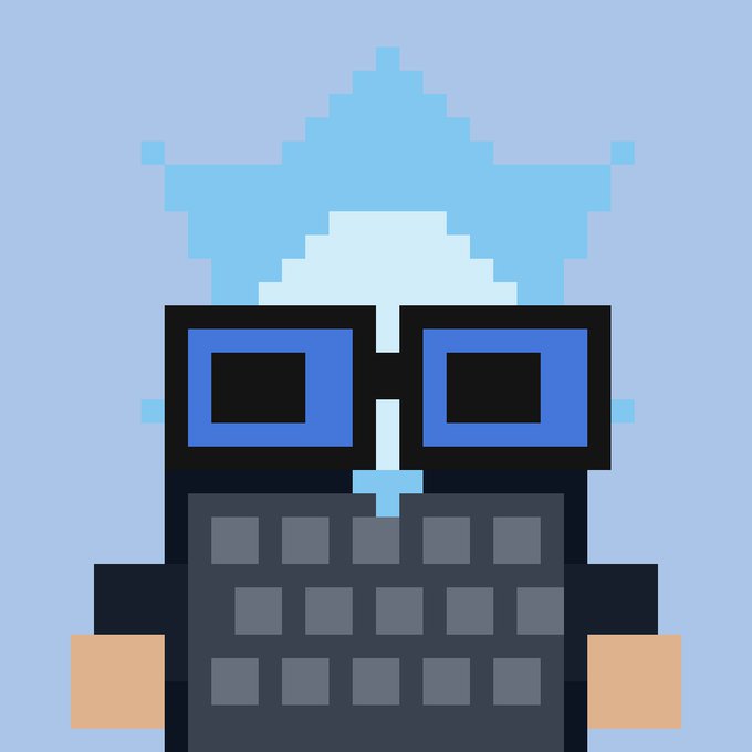 A pixel-art character with spiky light blue hair, blue-tinted sunglasses, and a dark grid-patterned body holds up a card resembling a wallet or ID against a blue background, fitting the "Drop EVM wallet" crypto giveaway theme of the post.