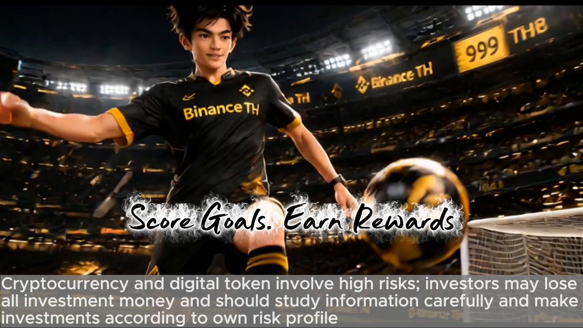 The image features a soccer player wearing a black and yellow uniform, kicking a sports ball near a stadium with a " Strike & Earn" sign. The text of the image reads "Score goals. Earn rewards." This suggests that the player might be participating in a trading competition or event where they can win money by scoring goals for their team. The post also mentions that Binance Th' is offering rewards to its users, which could potentially include cryptocurrency mining or other forms of digital assets.