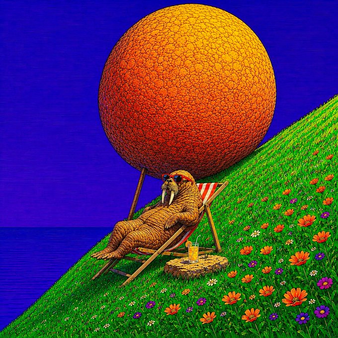 A walrus wearing sunglasses lounges in a striped beach chair on a vibrant flower-covered hill, beside a drink and a massive orange sphere against a deep blue sky—perfectly capturing the "Lazy Sunday vibes" of resting and recharging as referenced by the $WALRUS post.