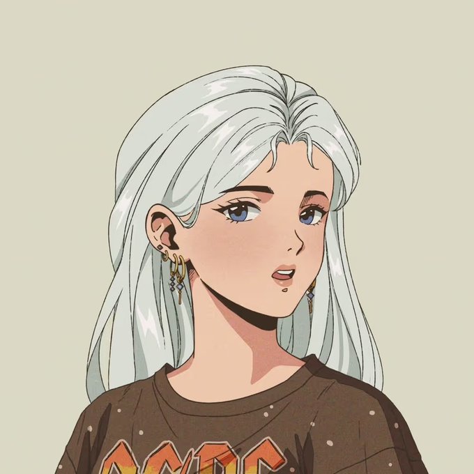 The image features a girl with long blonde hair wearing a brown shirt that says "AC/DC" on it, as well as gold earrings. The girl has a serious expression on her face, giving off an impression of being a thoughtful or introspective individual.