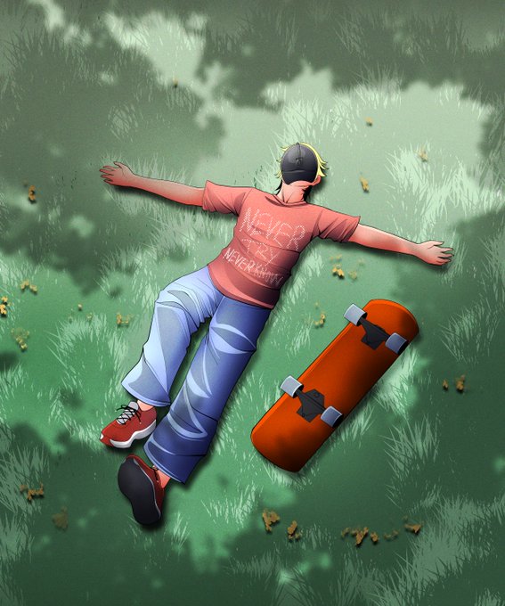 Anime/manga-style illustration of a person lying face-down in grass wearing a coral shirt that says 'NEVER NEVER NEVERLAND,' blue jeans, and red sneakers, with an orange skateboard featuring crash stars lying beside them.
