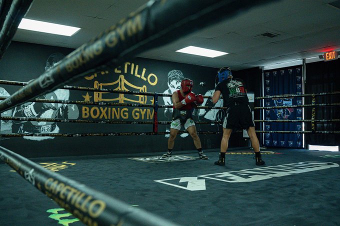 Two boxers spar in a ring inside 'Castillo Boxing Gym,' with branded ropes and a mural of fighters on the wall.