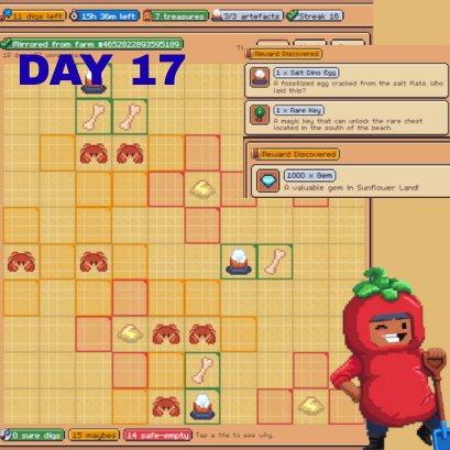 A screenshot from a farming game showing 'DAY 17' with a grid layout, discovered items like 'Rare Egg' and '1,000 G Gem', and a red tomato mascot character.