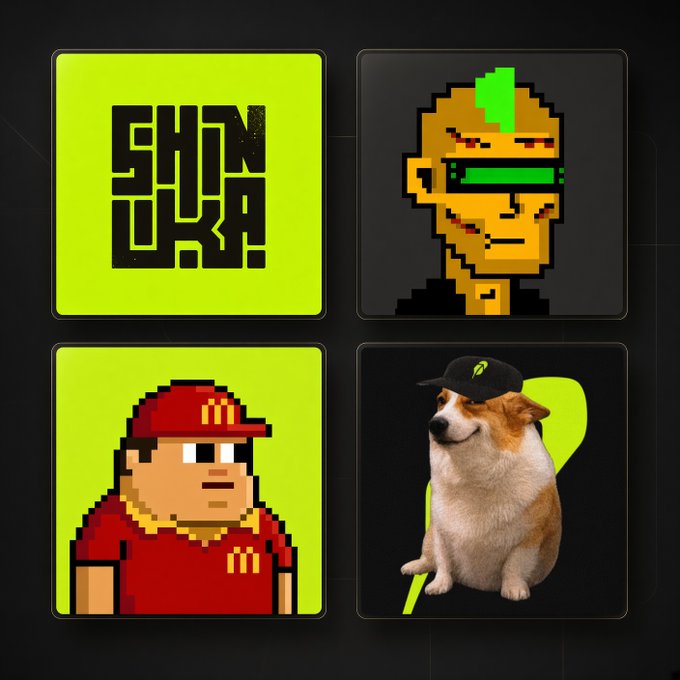 Four-panel grid displaying pixel art including a neon green "SHINOBI" logo, a character with a green visor, a pixelated McDonald's worker, and a real Corgi dog wearing a cap.