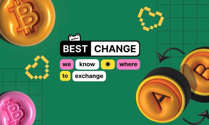 A green graphic for 'BEST CHANGE' displays 3D Bitcoin-style coins and text reading 'we know where to exchange.'