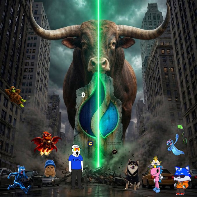 A colossal bull with glowing green laser eyes towers over a city street, surrounded by various crypto mascots and cartoon characters including a dog in a blue "HIT" shirt, a Shiba Inu, and other meme figures, with a Bitcoin logo embedded in rubble below—capturing the bullish crypto hype of "bullposting maxxing."