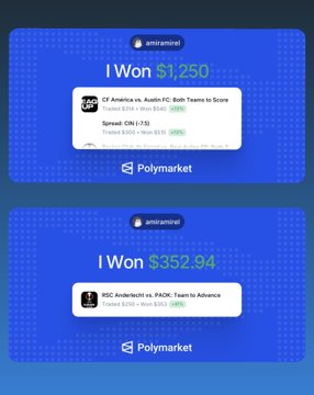 Two blue notification cards from Polymarket show winnings of $1,250 on an "OF América vs. Austin FC" match and $352.94 on a "BSC Anderlecht vs. PAOK" match.