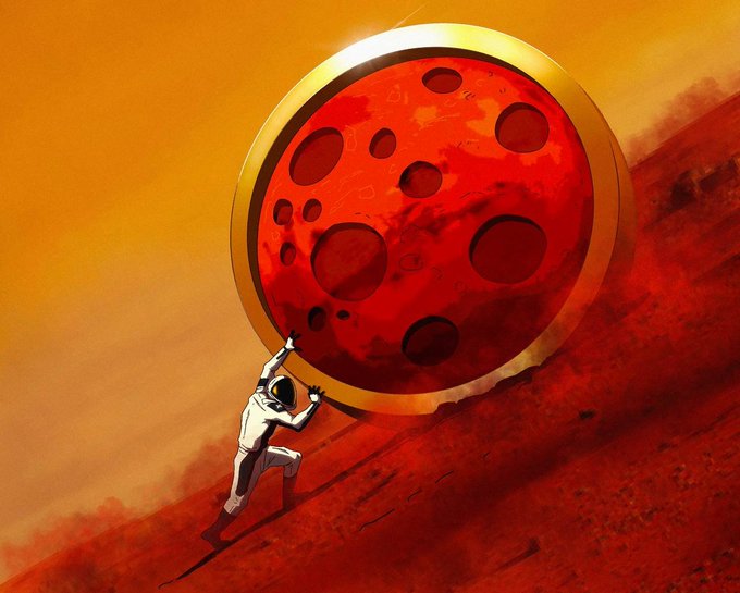 A digital artwork depicting an astronaut in a white spacesuit pushing a massive, red, cratered coin (resembling Mars or a Pi coin) up a red, dusty hill under an orange sky.