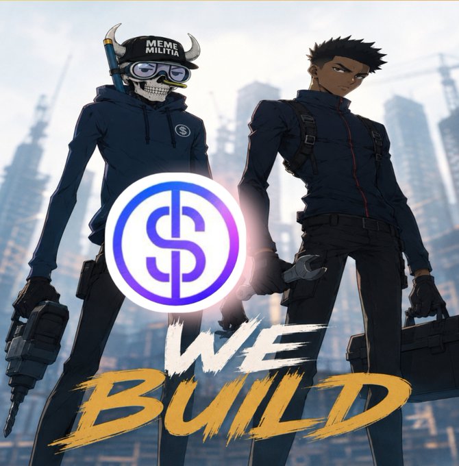 An anime-style promotional graphic shows two characters—one in a horned 'MEME MILITIA' hoodie and another with spiky hair holding a toolbox—behind a large blue dollar sign logo with the text 'WE BUILD'.