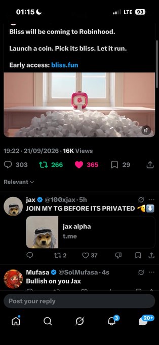 A mobile screenshot of a social media post from @LaunchOnBliss repeating the text 'Bliss will be coming to Robinhood. Launch a coin. Pick its bliss. Let it run. Early access: bliss.fun' alongside an image of pink eggs in a carton.