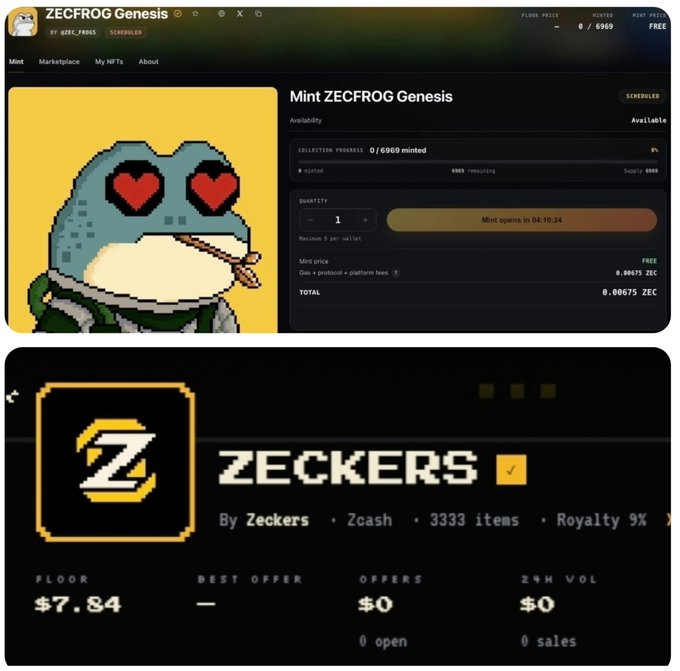 Screenshots of NFT minting pages, including 'Mint ZECFROG Genesis' showing 0/6969 minted with a mint price of 0.00075 ZEC, and a ZECKERS collection page with a floor price of $7.84.