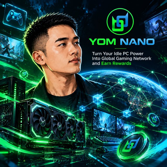 A promotional graphic for YOM NANO showing a young man alongside gaming hardware, a globe, and the text 'Turn Your Idle PC Power Into Global Gaming Network and Earn Rewards'.