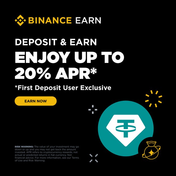 A Binance Earn promotional graphic highlighting a "Deposit & Earn" offer with up to 20% APR for first deposit users, featuring the Tether (USDT) logo to illustrate the promotion tied to Binance's deposit and earn bonus program for new P2P, crypto, and fiat deposit users.