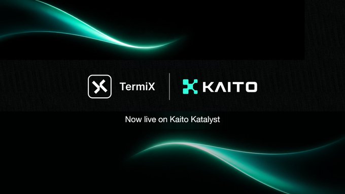 A promotional banner with green wave graphics on a black background announcing "TermiX | KAITO - Now live on Kaito Katalyst".