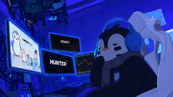 An animated penguin wearing headphones sits in a gaming chair in front of multiple monitors displaying 'HUNTER' and 'LEGACY' logos alongside crypto charts.