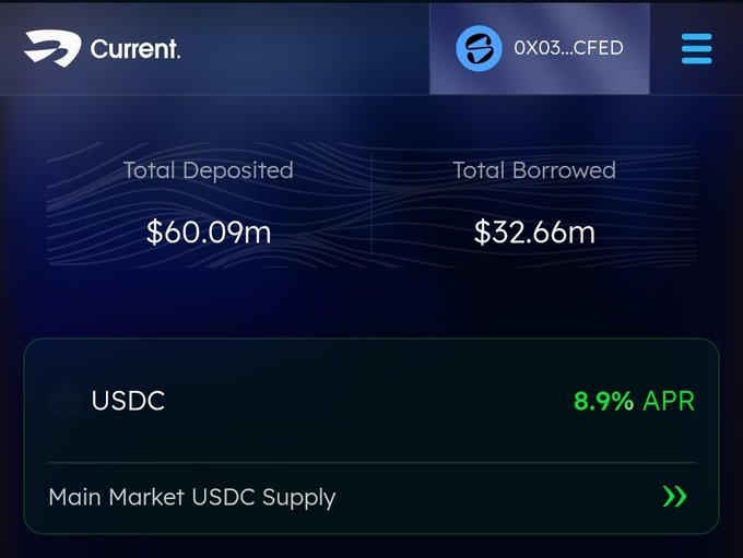A dashboard for "Current." showing Total Deposited of $60.09m and Total Borrowed of $32.66m, with a USDC Main Market Supply option offering 8.9% APR.