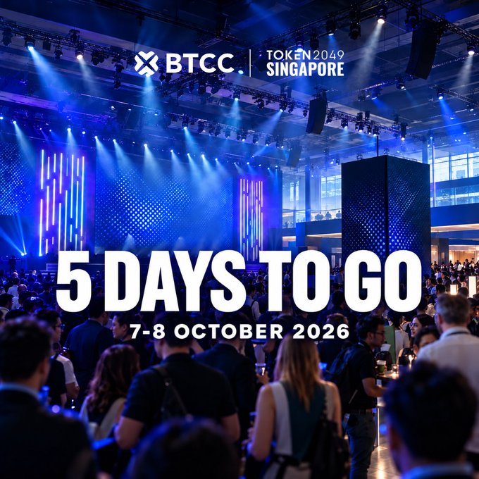 An advertisement for 'BTCC | TOKEN2049 SINGAPORE' event showing a crowded, blue-lit conference hall with the countdown text '5 DAYS TO GO 7-8 OCTOBER 2026'.