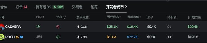 A cryptocurrency tracking interface shows a market called '开发者币2' (Developer Coin 2) with entries for 'CADABRA' and 'POOH', displaying order counts, holder counts, and various financial metrics.