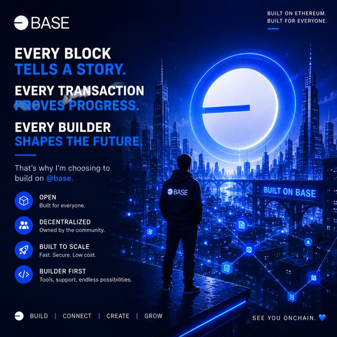 A promotional poster for 'BASE' built on Ethereum, featuring a futuristic cityscape, the text 'EVERY BLOCK TELLS A STORY. EVERY TRANSACTION PROVES PROGRESS. EVERY BUILDER SHAPES THE FUTURE,' and features like 'OPEN,' 'DECENTRALIZED,' and 'BUILT TO SCALE.'