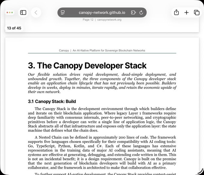 A browser window displaying the 'Canopy Developer Stack' section of canopy-network.github.io, describing an AI-Native Platform for Sovereign Blockchain Networks.