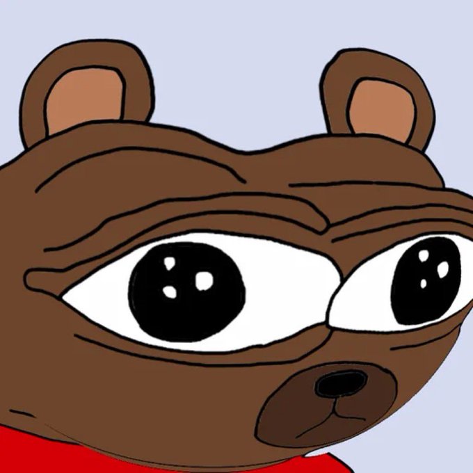 A cartoon illustration of a sad-looking brown bear with large, watery eyes wearing a red shirt.