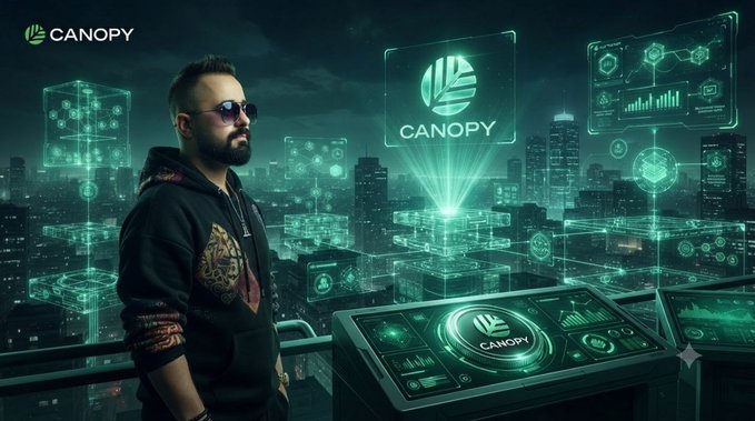A man with sunglasses stands in a futuristic setting with glowing green holographic interfaces displaying the 'CANOPY' logo against a city skyline at night.