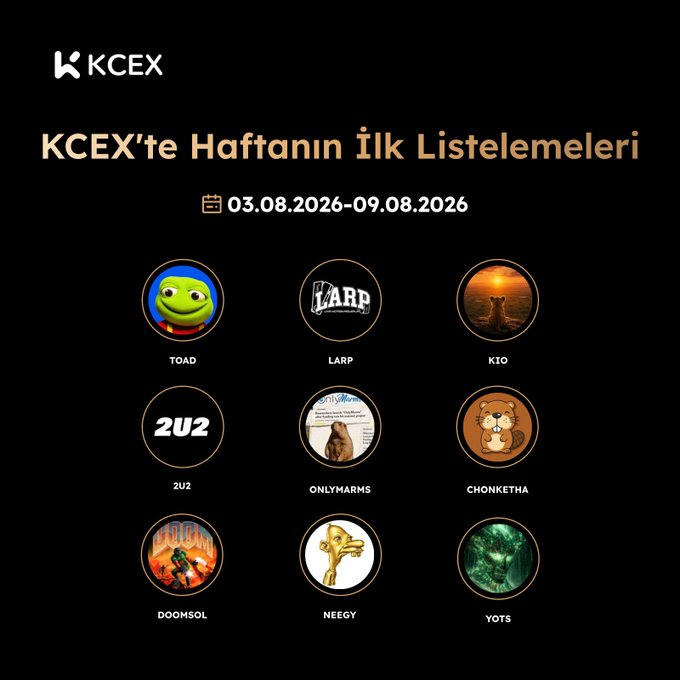 A KCEX promotional graphic titled 'KCEX'te Haftanın İlk Listelemeleri' (First Listings of the Week on KCEX) dated 03.08.2026-09.08.2026, showcasing nine new token listings: TOAD, LARP, KIO, 2U2, ONLYMARMS, CHONKETHA, DOOMSOL, NEEGY, and YOTS.