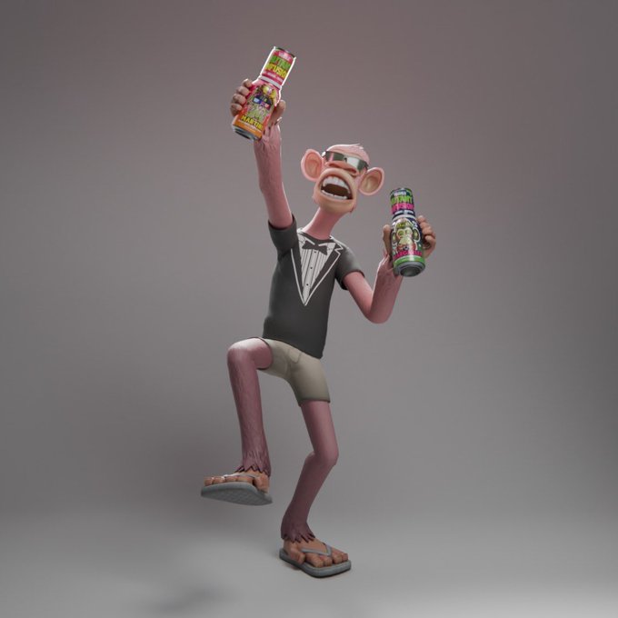 A 3D-rendered cartoon monkey wearing sunglasses, a black shirt with a tuxedo print, beige shorts, and flip-flops, holding up two beverage cans in a celebratory pose.