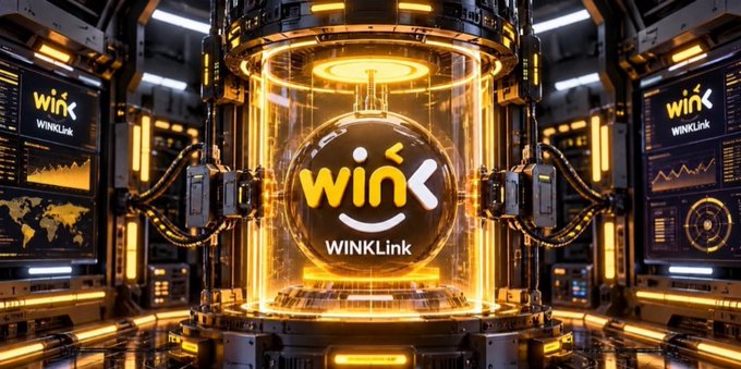 A futuristic digital rendering of the WINKLink logo enclosed in a glowing orange cylindrical chamber with mechanical details.