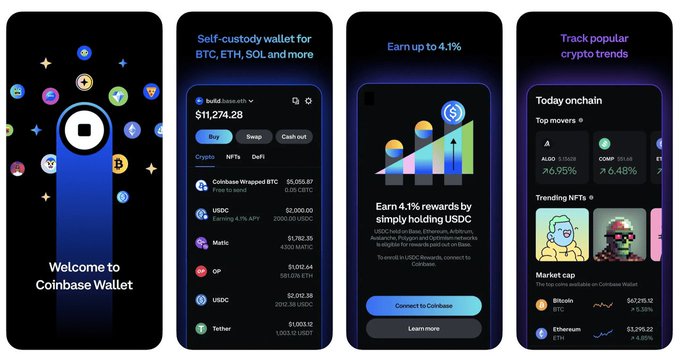 Screenshots of the Coinbase Wallet app showing features like a self-custody wallet for BTC, ETH, SOL, a 4.1% USDC earning option, and tracking of crypto trends including AERO and COMP.