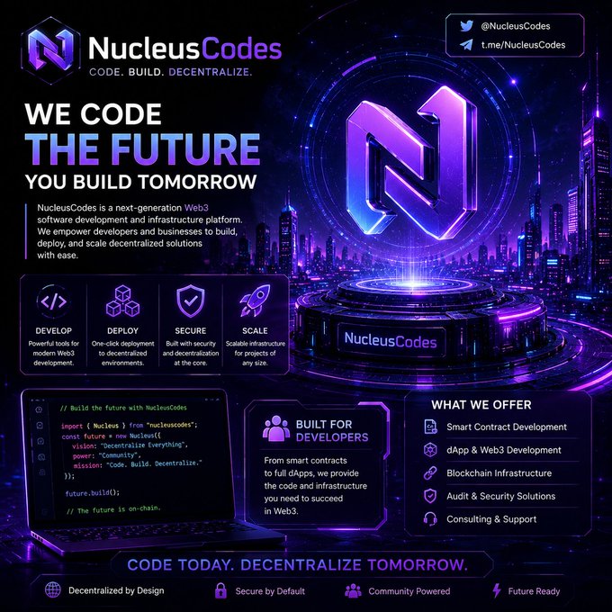 A promotional graphic for NucleusCodes, a Web3 software development company, featuring a large glowing purple "N" logo, the tagline "CODE. BUILD. DECENTRALIZE," and services like smart contracts and blockchain infrastructure.