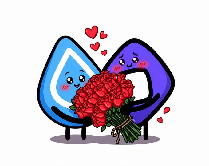 Two cute cartoon blockchain mascots—one blue (Sui) and one purple (Monad)—embrace while exchanging a bouquet of red roses with floating hearts around them, symbolizing the growing "romance" and partnership between the $SUI and $MON communities, emphasizing that despite Monad being just 7 months old, their ecosystem collaboration is blossoming early.