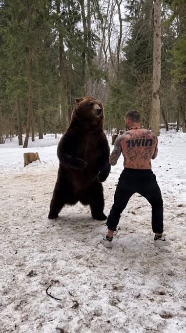 A shirtless man with a 'twin' back tattoo facing off against a large brown bear standing on its hind legs in a snowy forest setting