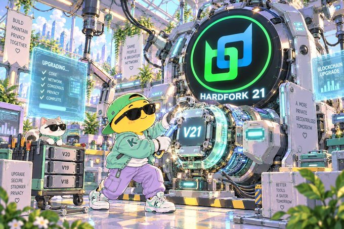 An illustrated promotional image featuring a cartoon duck character wearing sunglasses and a green hoodie working on a large machine labeled 'V21', with 'HARDFORK 21' prominently displayed and a checklist showing 'UPGRADING... CONSENSUS NETWORK CONCEPTS PRIVACY COMPLETE'.