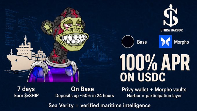 An Ethra Harbor promotional banner offering '100% APR ON USDC' via Privvy wallet and Morpho vaults on the Base network, featuring a cartoon monkey pirate character and the text '7 days Earn $vSHIP', 'On Base Deposits up ~50% in 24 hours', and 'Sea Verity = verified maritime intelligence'.