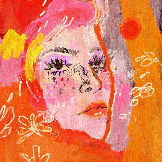 A vibrant pop-art style portrait of a woman with bright pink hair and bold makeup, set against a colorful background with floral doodles.