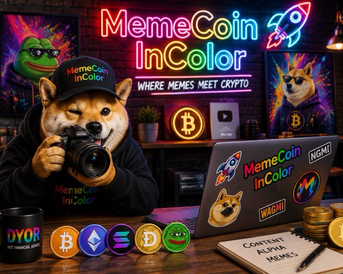 A promotional graphic for 'MemeCoin InColor' with the tagline 'WHERE MEMES MEET CRYPTO', showing a Shiba Inu holding a camera alongside cryptocurrency logos including Bitcoin, Ethereum, Solana, Dogecoin, and Pepe.
