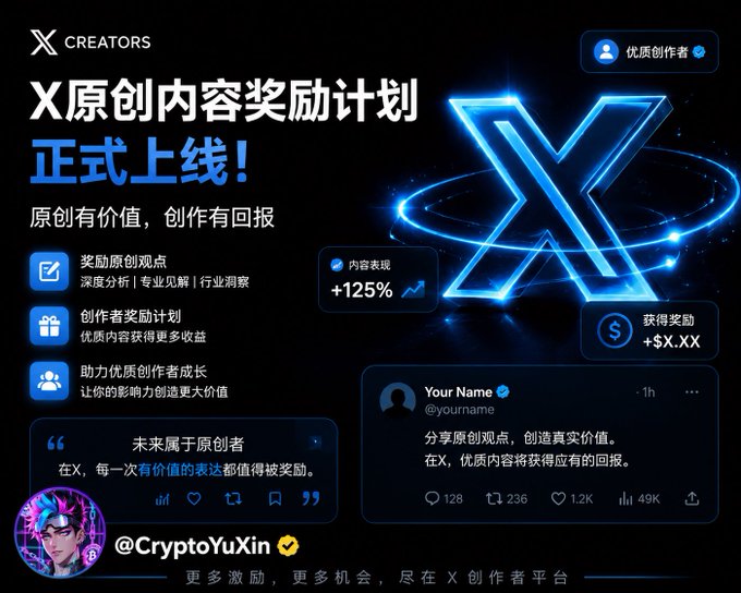 A Chinese-language promotional graphic for the 'X CREATORS' Original Content Reward Plan, featuring a glowing blue X logo and the handle @CryptoYuXin.