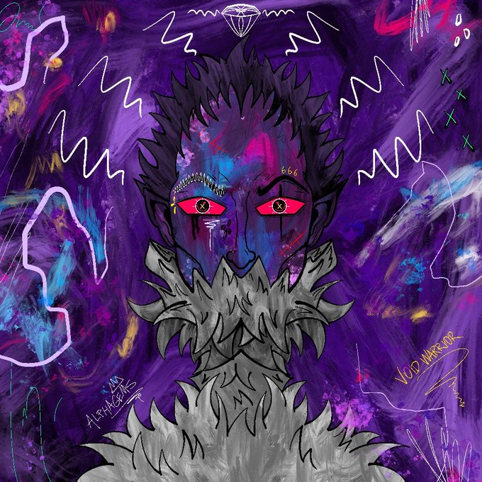The image features a digital art piece of a person with a goatee, painted face, and a beard. The background is a purple color with white lines and shapes that appear to be graffiti or abstract art. The artist's signature can be seen in the bottom right corner of the image.