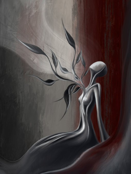 A surreal digital painting of a silver metallic humanoid figure with leaves emerging from its face area, seated against a moody backdrop of swirling gray and deep red tones.
