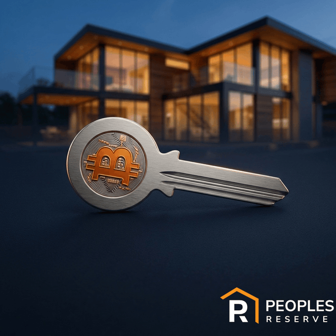 A silver Bitcoin-style key featuring the orange Bitcoin "B" symbol rests on a dark surface, with a modern house in the background and a "PEOPLES RESERVE" logo in the corner.