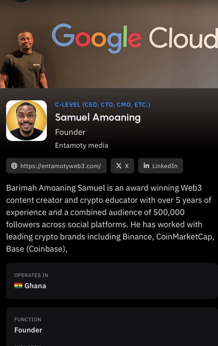 Samuel Amoaning, founder of Entamoty Media and a Ghana-based crypto/Web3 educator with 500,000+ followers, is featured on the Token2049 networking app, connecting with high-profile industry contacts before the conference.