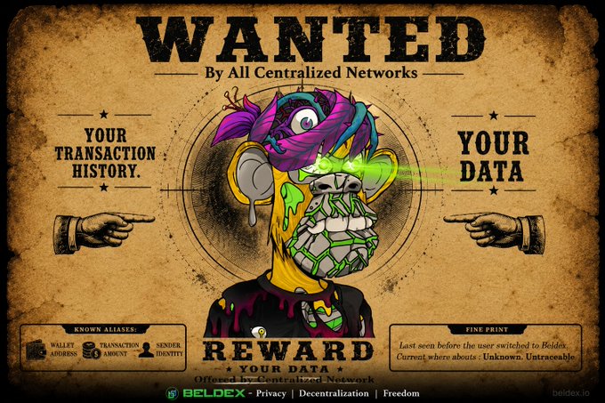 A 'WANTED By All Centralized Networks' poster features an illustrated character with a skull jaw and purple bandana, offering a 'REWARD + YOUR DATA' for 'YOUR TRANSACTION HISTORY' and 'YOUR DATA', branded with the Beldex logo.